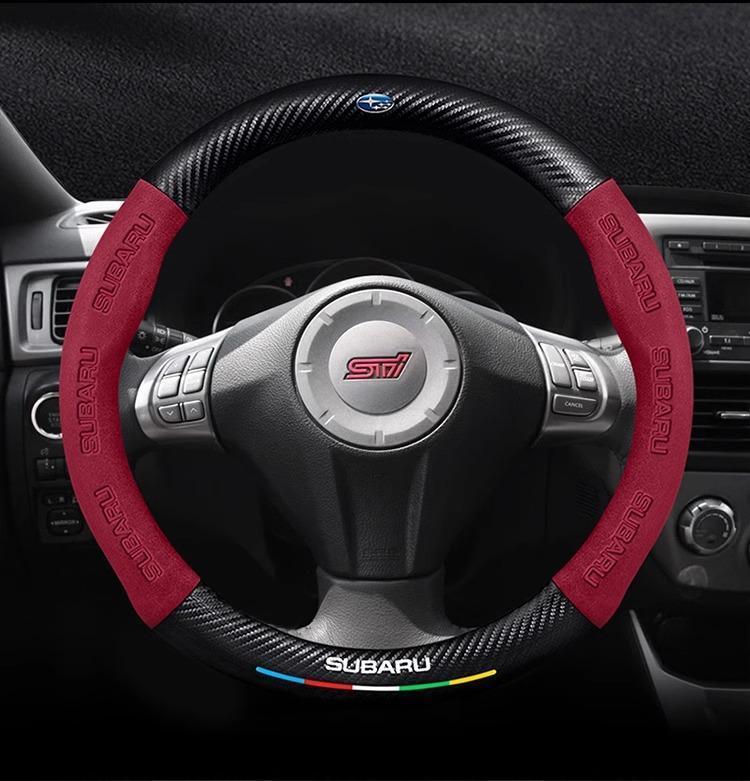 Suede Carbon Fiber Steering Wheel Cover - Anti-Slip, Ventilated, Vehicle-Specific Fit for Subaru STI, Brz, Wrx, Xv, Ascent, Forester, Outback, Impreza, Legacy (Model & Toy Vehicles Accessory)