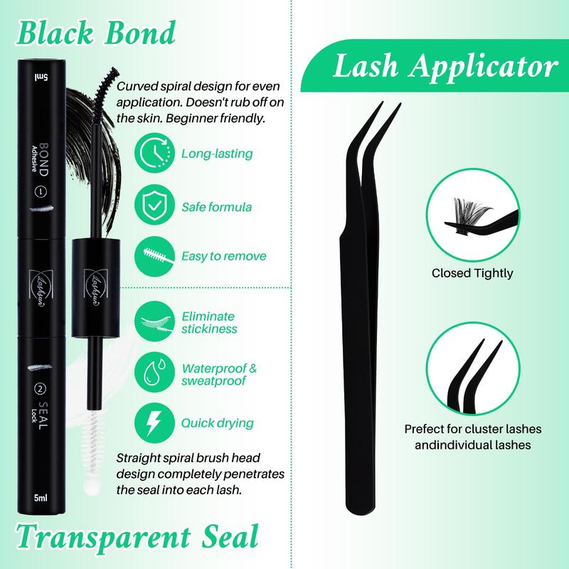 10-16mm Mixed Length D Curl False Eyelashes Kit, 200pcs Wispy Soft and Comfortable False Eyelashes, Long-lasting Lashes Kit with Lash Bond & Seal and Tweezers, Eyelash Extension