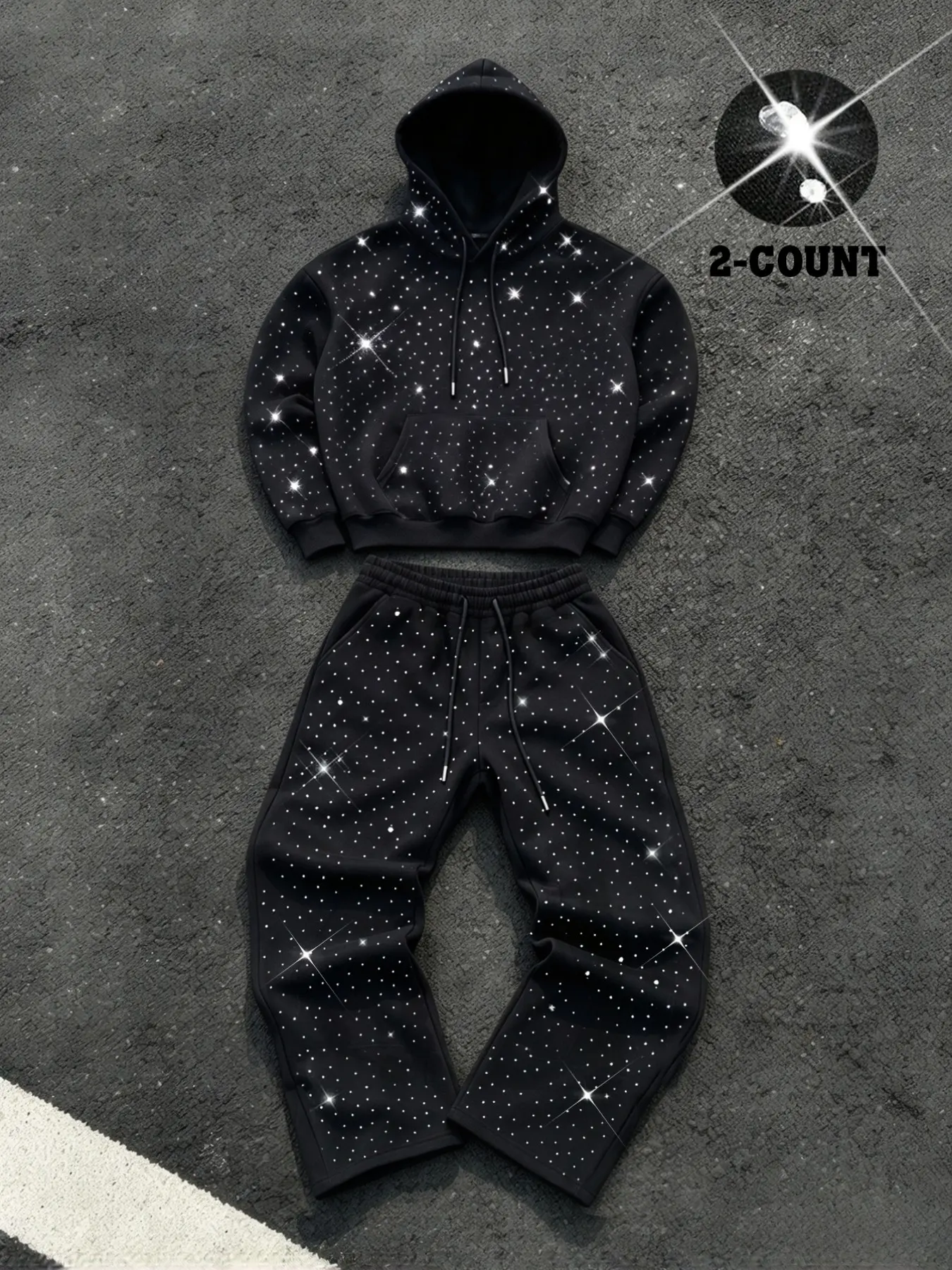 Hotfix Rhinestone Fleece Tracksuit, Casual Sweatsuits Set, Sparkly Star Bling Hoodie Set, Loose Streetwear, Warm Winter, Trendy and Comfortable