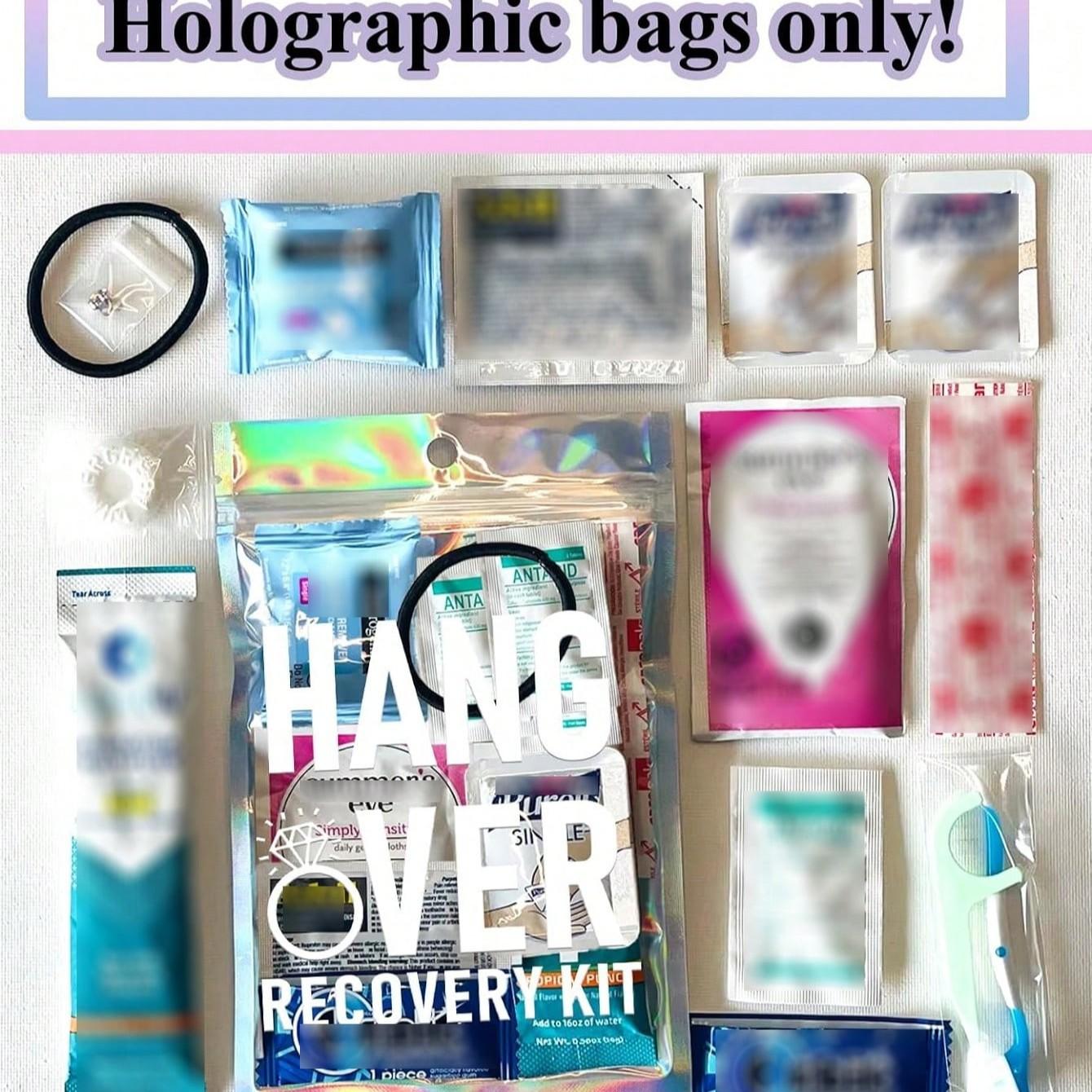 5/8/10/15/20pcs Hangover Recovery Kit, Self-Care Set, Pre-Printed Holographic Re-Sealable Bag, Perfect for Parties, Weddings, Birthdays