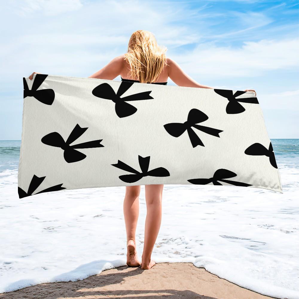 Cute Bow Print Beach Towel, Microfiber Quick Dry Towel with Heart Checkerboard, High-Value Aesthetic Gift for Girls