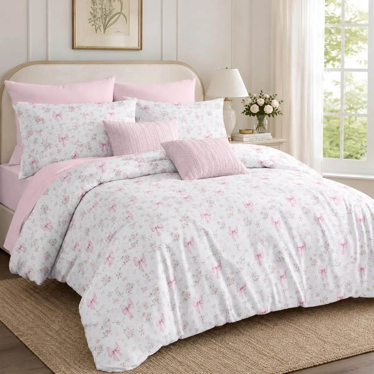 Floral Duvet Cover Queen Pink Bow Duvet Cover Set Girls Coquette Dormitory Ultra Soft Breathable Bedding Set 3 pcs Room Decor