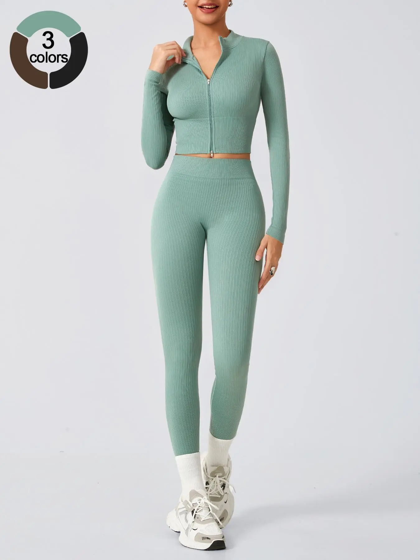 Two piece set, women's sports suit zipper jacket long sleeved high waisted pants high stretch ribbed yoga fitness suit outdoor running cycling Activewear Clothing Athleisure Activewear Set