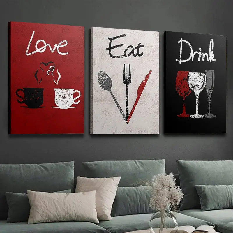 Fashion Three Piece Kitchen Decoration Set - Love, Eat, Drink Canvas Wall Art |   Modern Black And Red Design Suitable For Restaurants |   Framed Paintings |   Perfect Gift For Her Or Chef, Wooden Frame