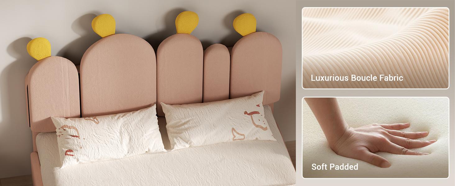 Lilypelle Twin/Full Boucle Bed Frame with Headboard – Cactus Upholstered Platform Bed for Kids, Rounded Corners, Solid Wood Slats, No Box Spring Needed