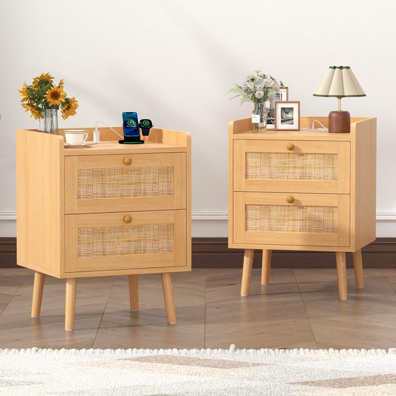 Rattan Nightstand with Charging Station, Rattan Boho End Table with 2 Drawers Bedroom Bedside Side Tables Natural Night Stand for Living Room,Bedroom,Dorm Room Essentials Rattan Nightstand with Charging Station, Rattan Boho End Table with 2 Drawers Bedroom Bedside Side Tables Natural Night Stand for Living Room,Bedroom,Dorm Room Essentials