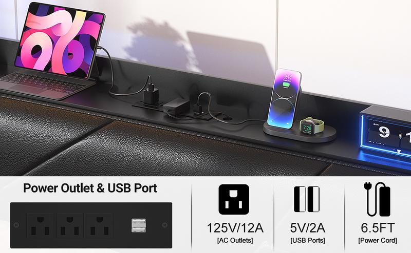 Homieasy Queen Size Bed Frame with Charging Station and RGB LED Lights, Sturdy Platform Bed with Upholstered Storage Headboard, Solid Metal Slats, Noise Free, No Box Spring Needed, Easy Assembly, Black