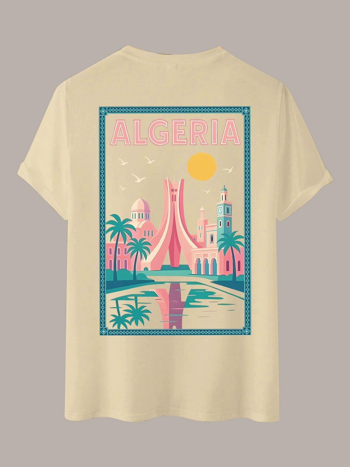 Algerian Cityscape Vintage Print Cotton Short Sleeve T-Shirt, 2026 Summer American Retro Oversize Unisex Top, Versatile Fashion Apparel