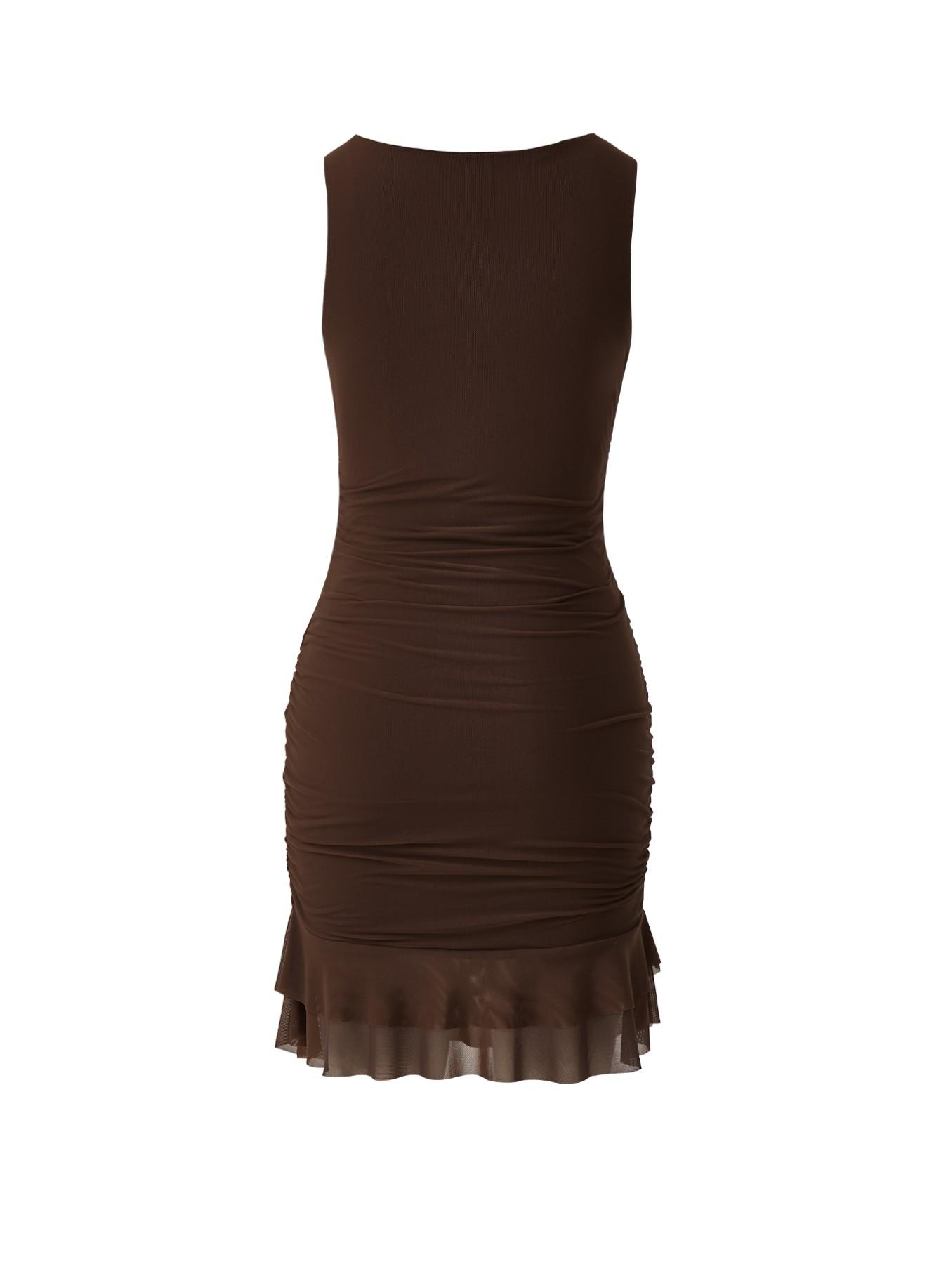 Women's Mesh Sexy Ruched Drawstring Bodycon Boat Neck Mini Dress, Sleeveless Pleated Hem, Club Party Short Gown, Slim-Fitting Fashion