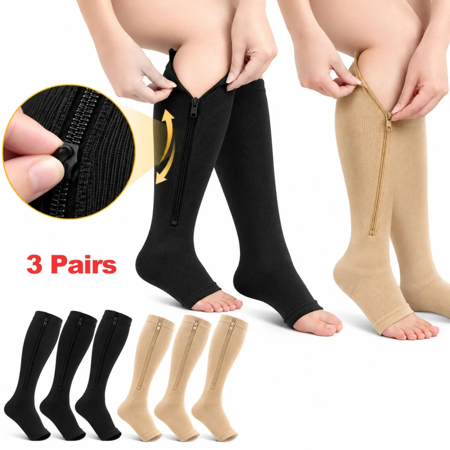 Unisex 3 Pairs Knee High Zipper Compression Socks (15-20mmHg, Multi-Size) - Open Toe, Nylon Spandex Blend, Breathable, Elastic Support, for Nurses, Eases Swelling for Daily Wear