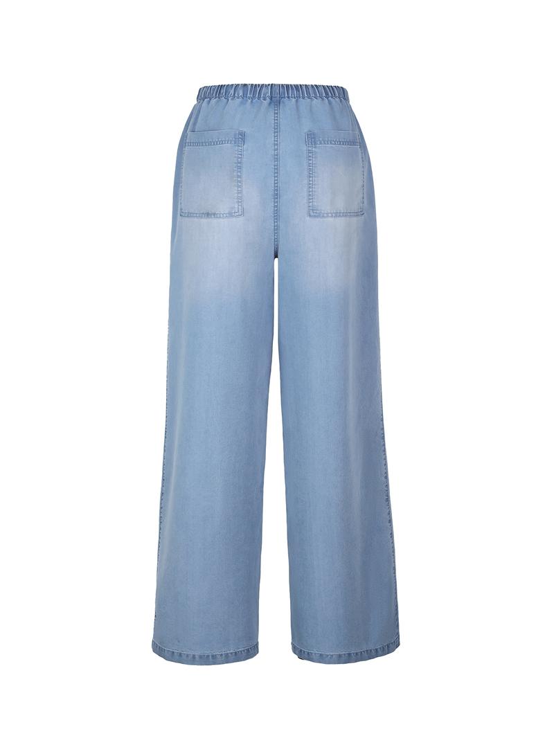 Women's Thin Silk High Waisted Denim Loose Drawstring Pants, Casual Style, All Seasons, Plain Pattern, Comfortable and Stylish