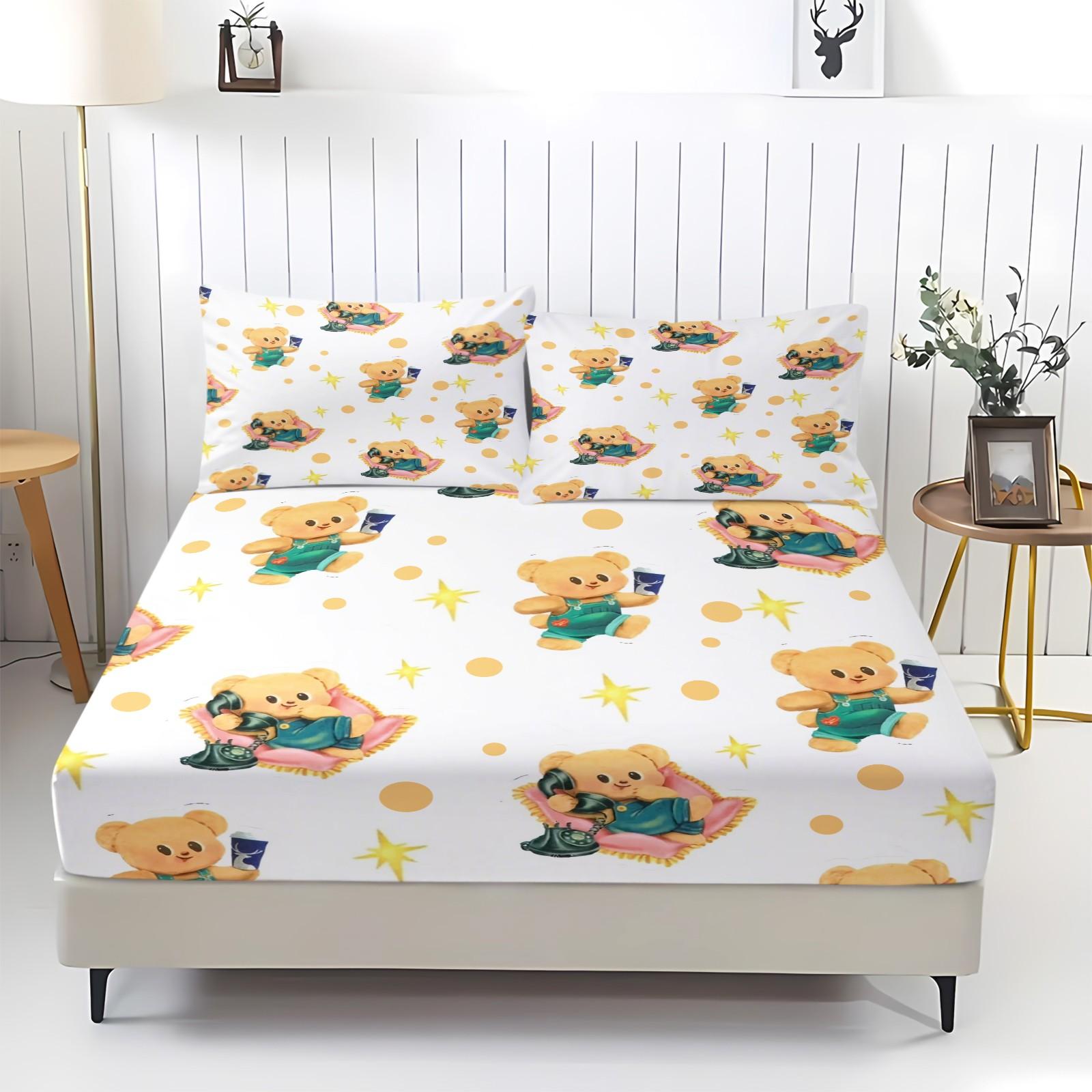 3 Pcs Cute Cartoon Bear Fitted Sheet Set, Kawaii Teddy Bear Microfiber Deep Pocket Kids Bedding, Ideal Gift for Bear Lovers and Children
