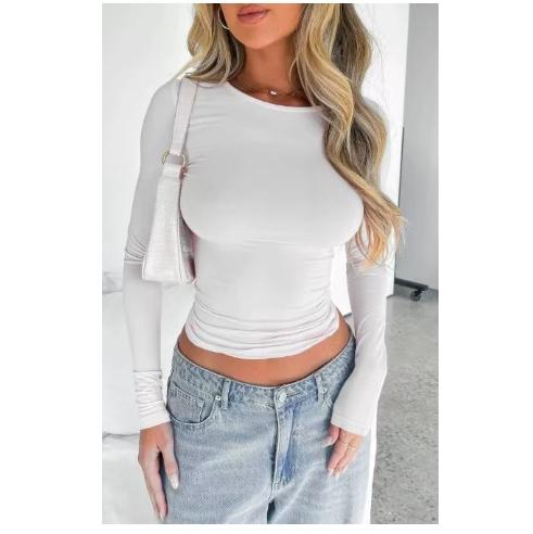 NewWomen's new fashion round neck long sleeve cropped T-shirt, casual round neck T-shirt, 2025 summer clothing, women's slim fit tops, suitable for band club music festival party daily wear