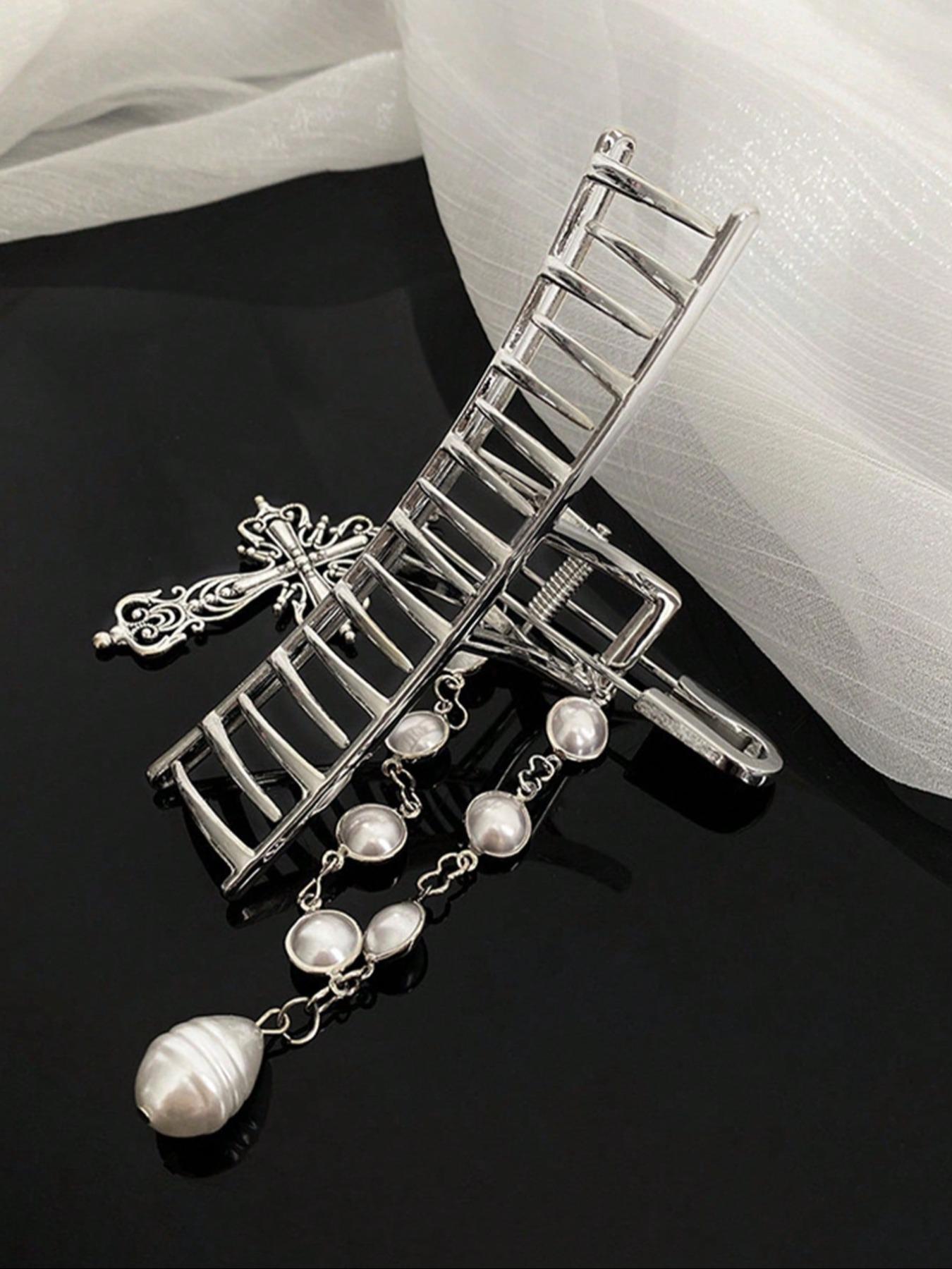 Faux Pearl & Chain Decorated Hair Claw, Hair Clip, Hairpin, Y2K Punk Style Hollow Out Design Hair Accessories for Women & Girls, Vintage Hair Accessories for Daily Wear