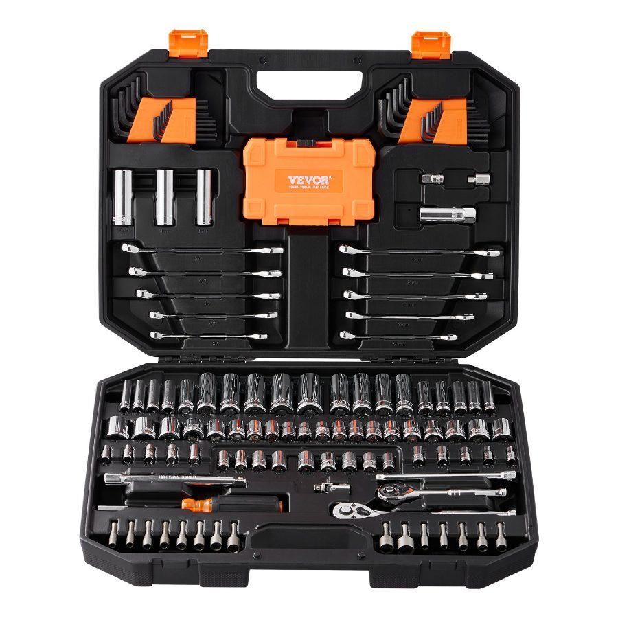 VEVOR 145-Piece Metal Mechanic Tool Set with Storage Case - Car Repair Tools Including 1/4 & 3/8 Drive Deep/Standard Sockets, SAE/Metric Bits, Combination Wrenches, Hex Wrenches, and Accessories