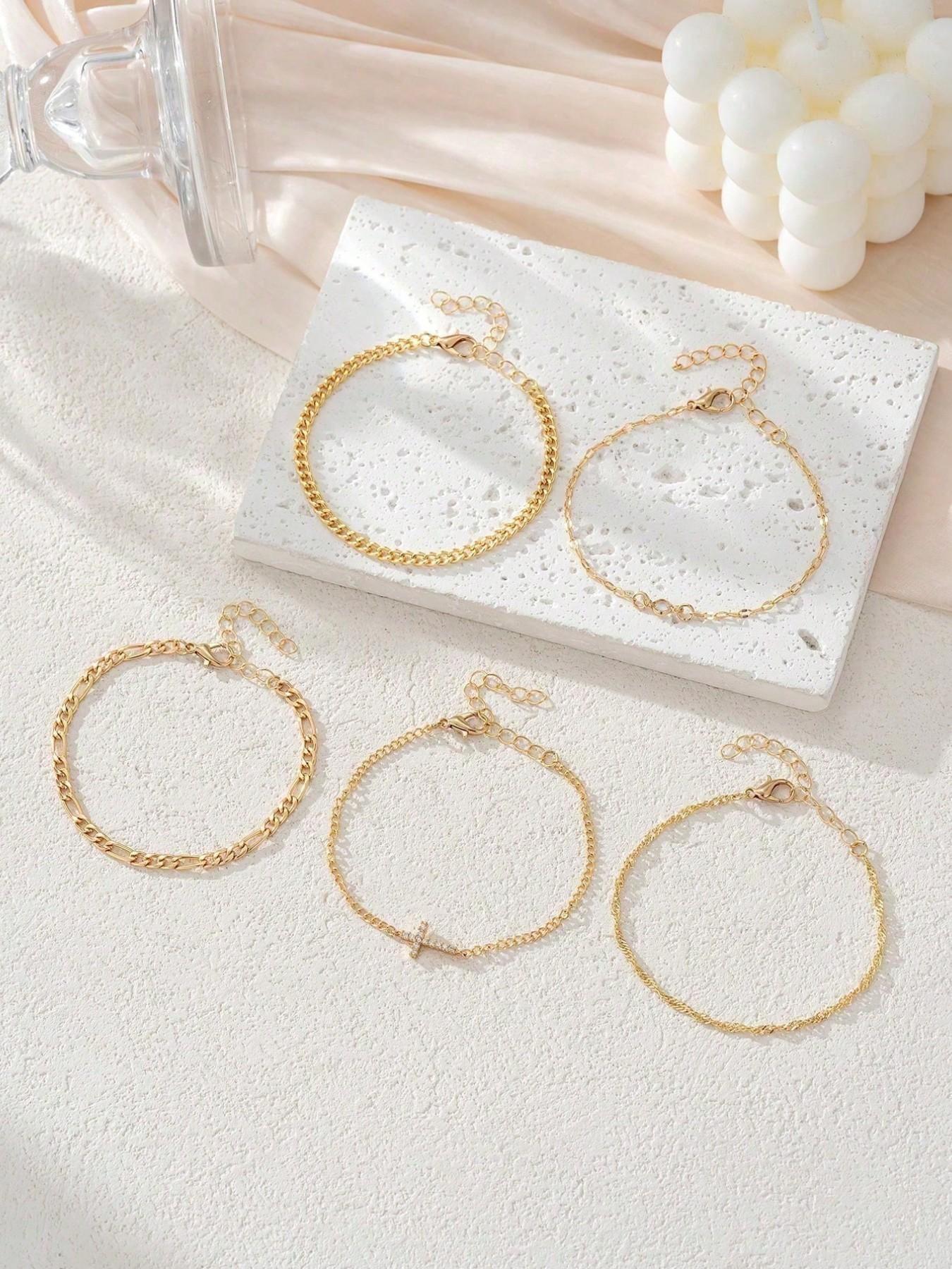 5-Piece Rhinestone Cross Cuban Chain Bracelet Set, Unique Women's Vacation Daily Jewelry, Stylish Handmade Accessories