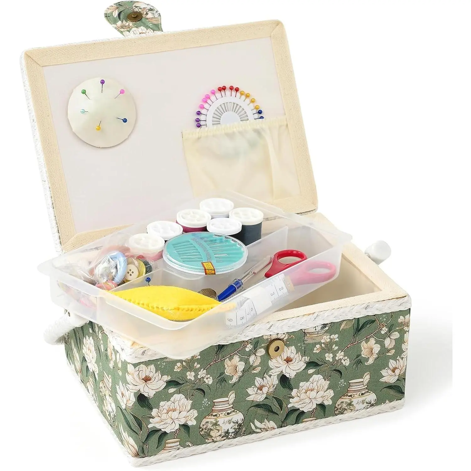 Sewing Basket - Medium Sewing Box for Sewing Supplies, Sewing Organizer Box Sewing Kit Storage Christmas Gift for Sewing Enthusiast (Bean Green)