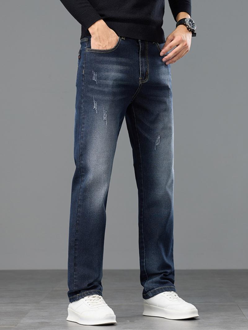 Men's Washed Denim Jeans, Thickened Fleece Lined Straight Leg Casual Pants, Fall Winter Fashion, Slimming & Height-Enhancing Design