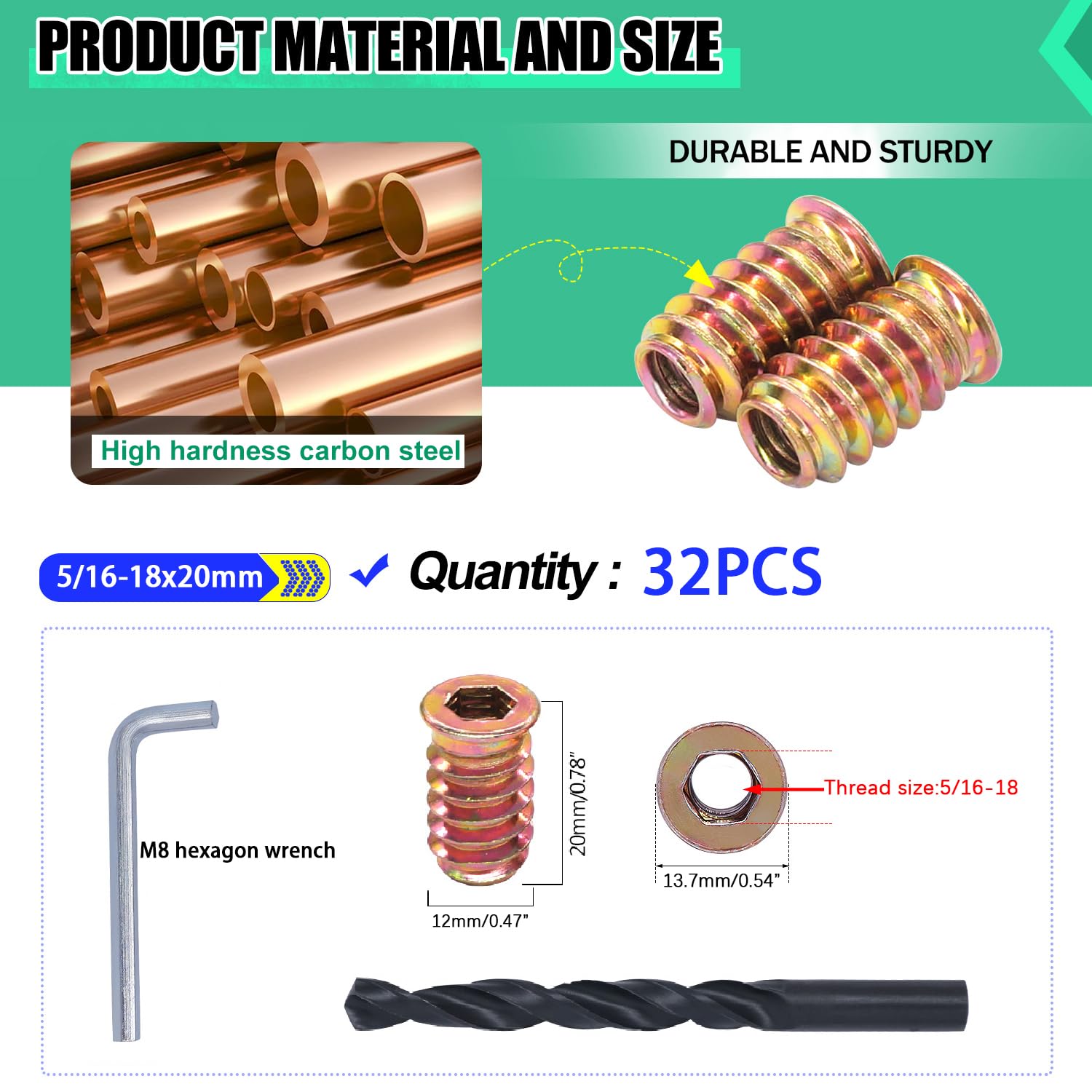 /32PCS 5/16"-18 Threaded Inserts for  Furniture Screw-in Nut  Inserts Bolt Assortment Kit with M8 Hex Wrench (5/16"-18 x20mm)
