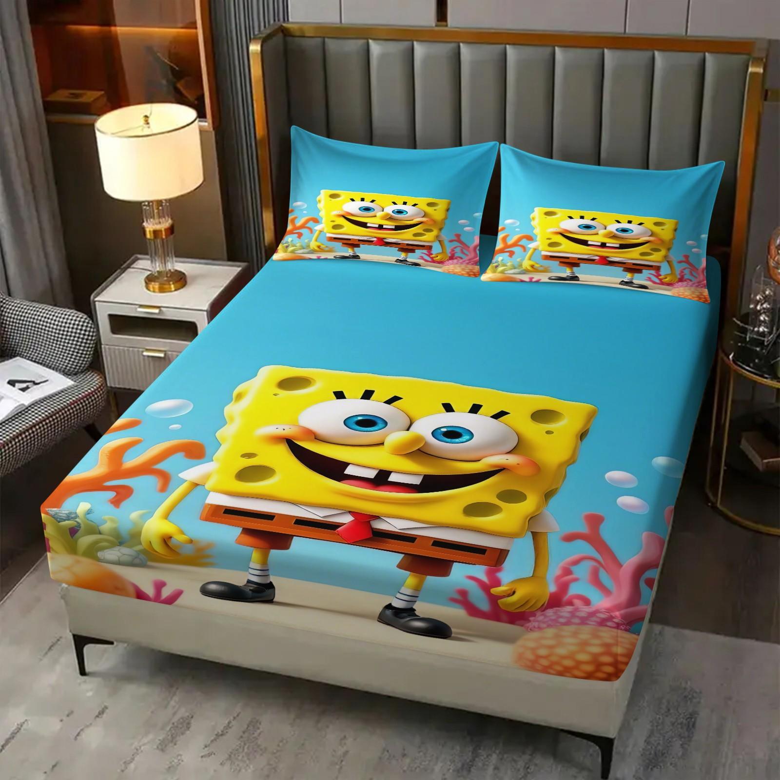 3 Piece Spongebob Pattern Fitted Sheet Set, Soft And Durable Bedding Set Includes 1 Piece Flat Sheet And 2 Pieces Pillowcases, Daily Holiday Birthday Gift Bedroom Decorations For Kids And Adults