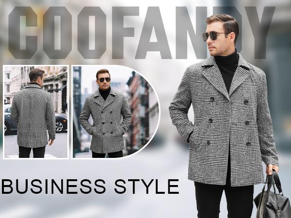 COOFANDY Men's Double Breasted Pea Coat Winter Overcoat Short Trench Coat Notched Collar