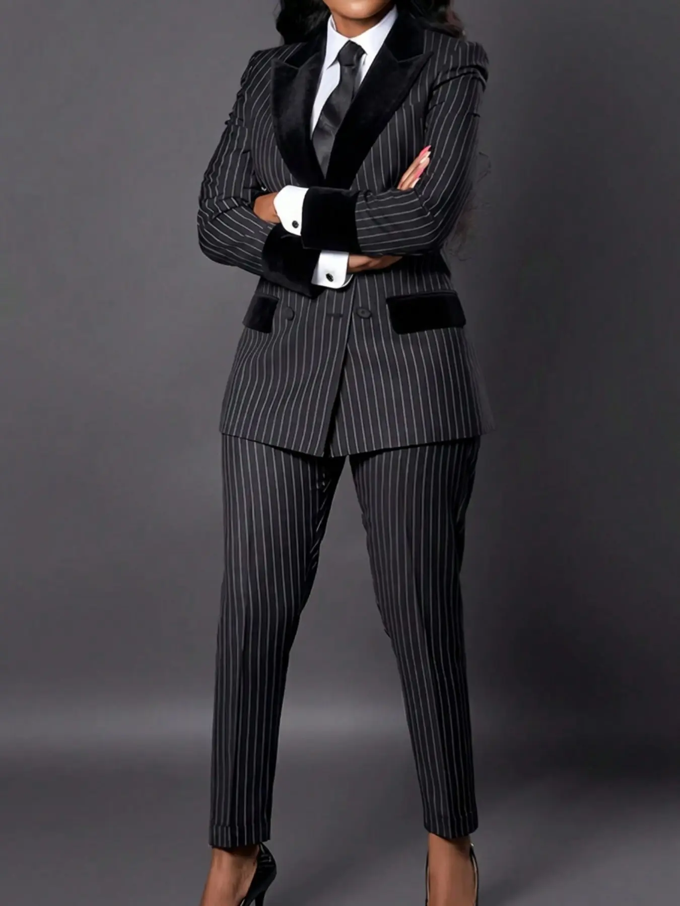 Women's Colorblock Notched Lapel Double Button Vertical Stripe Blazer Jacket + Slim Fit Nine-Pocket Pants Set, Retro Professional Office Style