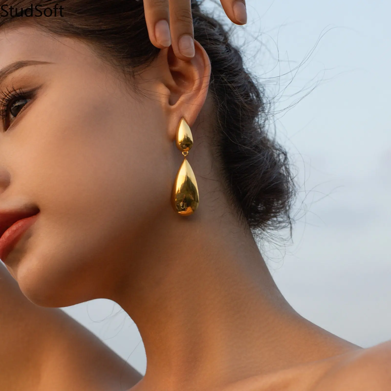 Minimalist 18K Gold Plated Stud Earrings for Women Chunky Double Teardrop Geometric Drop Studs Waterproof Stainless Steel Daily Wear Jewelry
