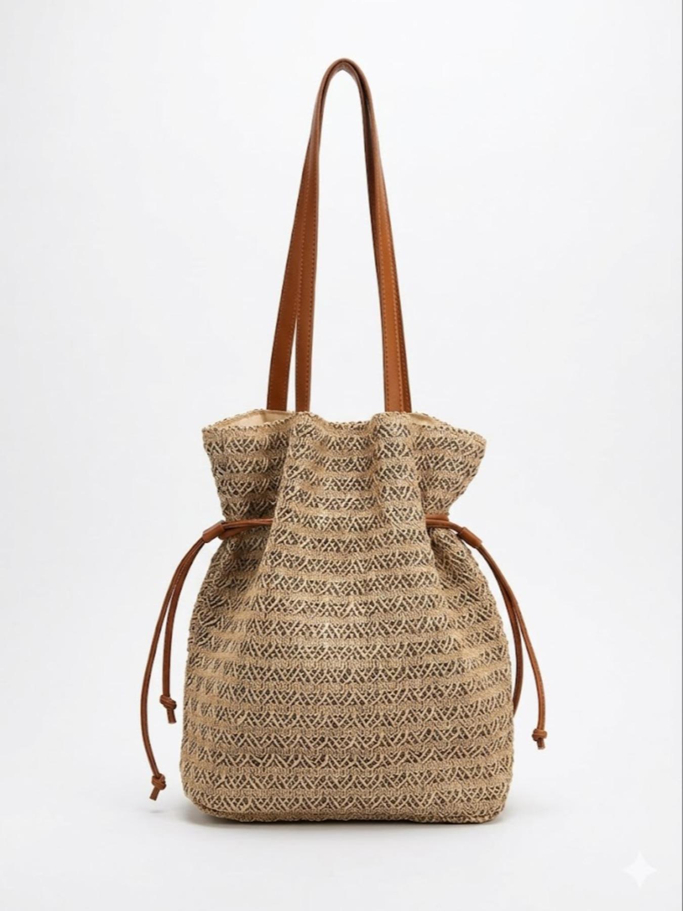 Straw Bucket Bag for Women, Woven Drawstring Shoulder Tote, Summer Beach Handbag, Large Capacity Vacation Boho Purse