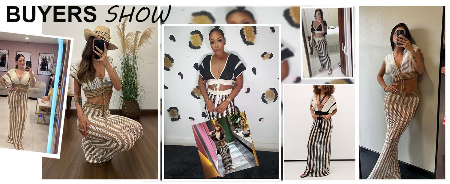 Skirt Sets Women 2 Piece Outfits Crochet Crop Tops and Striped Maxi Skirt Vacation Outfit Hawaiian outfit Featuring an openwork knit texture design Suitable for vacations, beaches, and cruises Valentine's Day