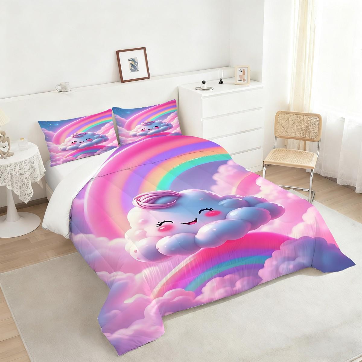 2/3 Dreamy and Cute Style Comfortable Comforter Set, Using Cute Cloud Printed Quilted Bedding Set, Soft and Breathable, Creating A Dreamy Atmosphere for A Girlish Bedroom. Includes 1 or 2 Pillowcases (Excluding Pillow Core).