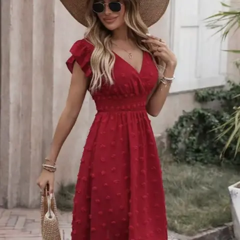 Elegant V-Neck Embroidered Beach Dress Summer Waist-Defined Design, Comfortable and Chic Vacation Outfit, Beachy Style Dress