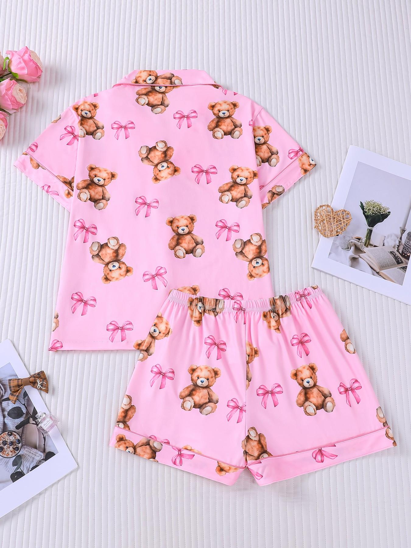 2 Piece Women's Pajamas Set, Pink Teddy Bear Bow Print Short Sleeve Sleepwear, Lapel Button Down Top with Pocket, Elastic Waist Shorts, Cute Cartoon Bear Comfy Loungewear for All Seasons, Daily Casual Homewear