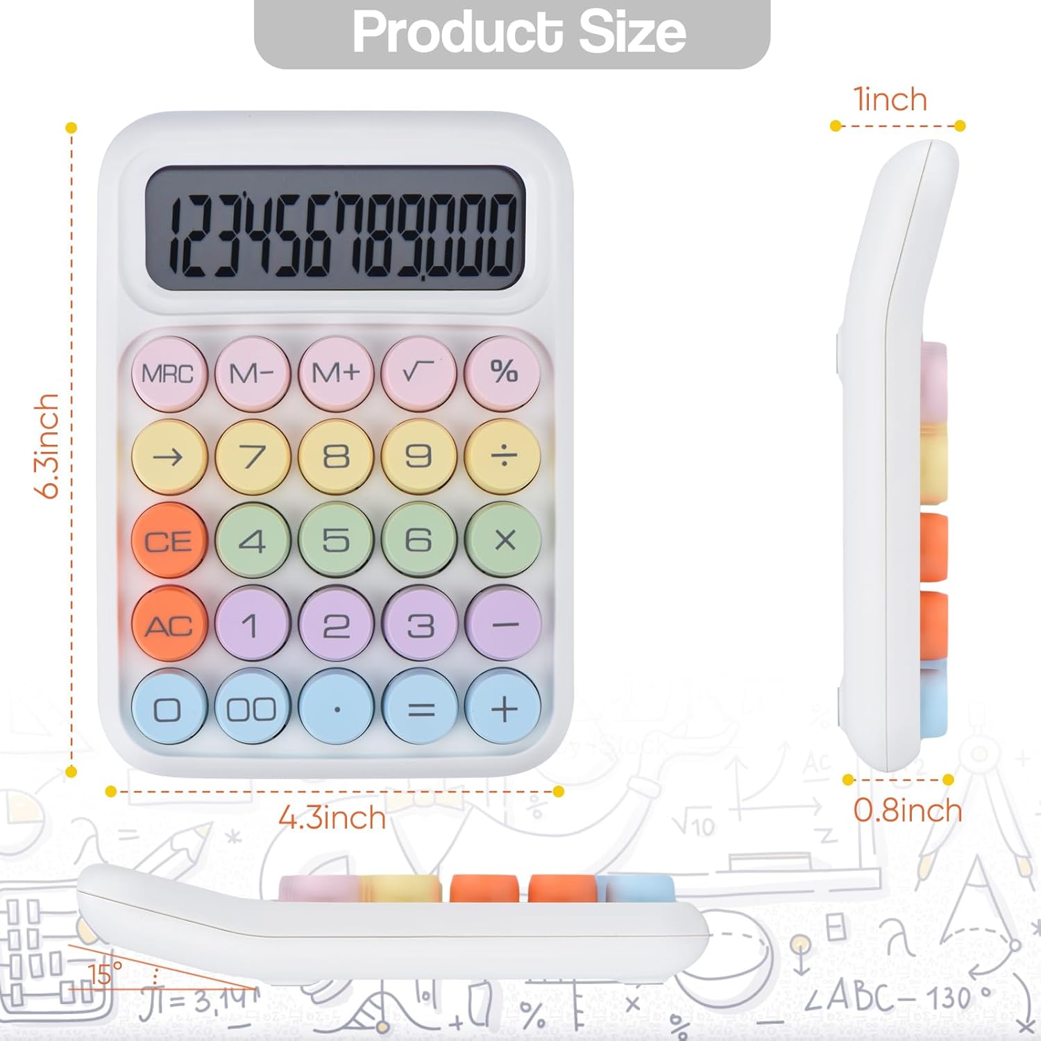 Mechanical Pushbutton Calculator,12 Digit Large LCD Display,Big Buttons Easy to Press,Colorful Candy Calculator,Automatic Sleep,with .for Office,School, . (White)