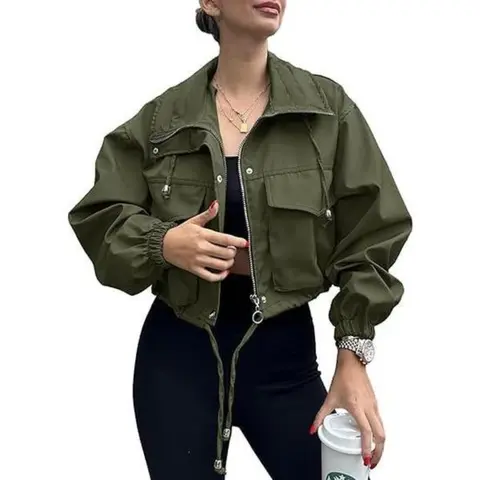 Tankaneo Womens Cropped Jacket Zip Up Lightweight Oversized Utility Anorak Coat with Pockets