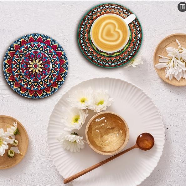 8-Piece Mandala Coasters Set, Wooden Coaster Collection, Perfect for Parties & Gatherings, Ideal for Bars, Offices, Homes, Size 3.94"x3.94"