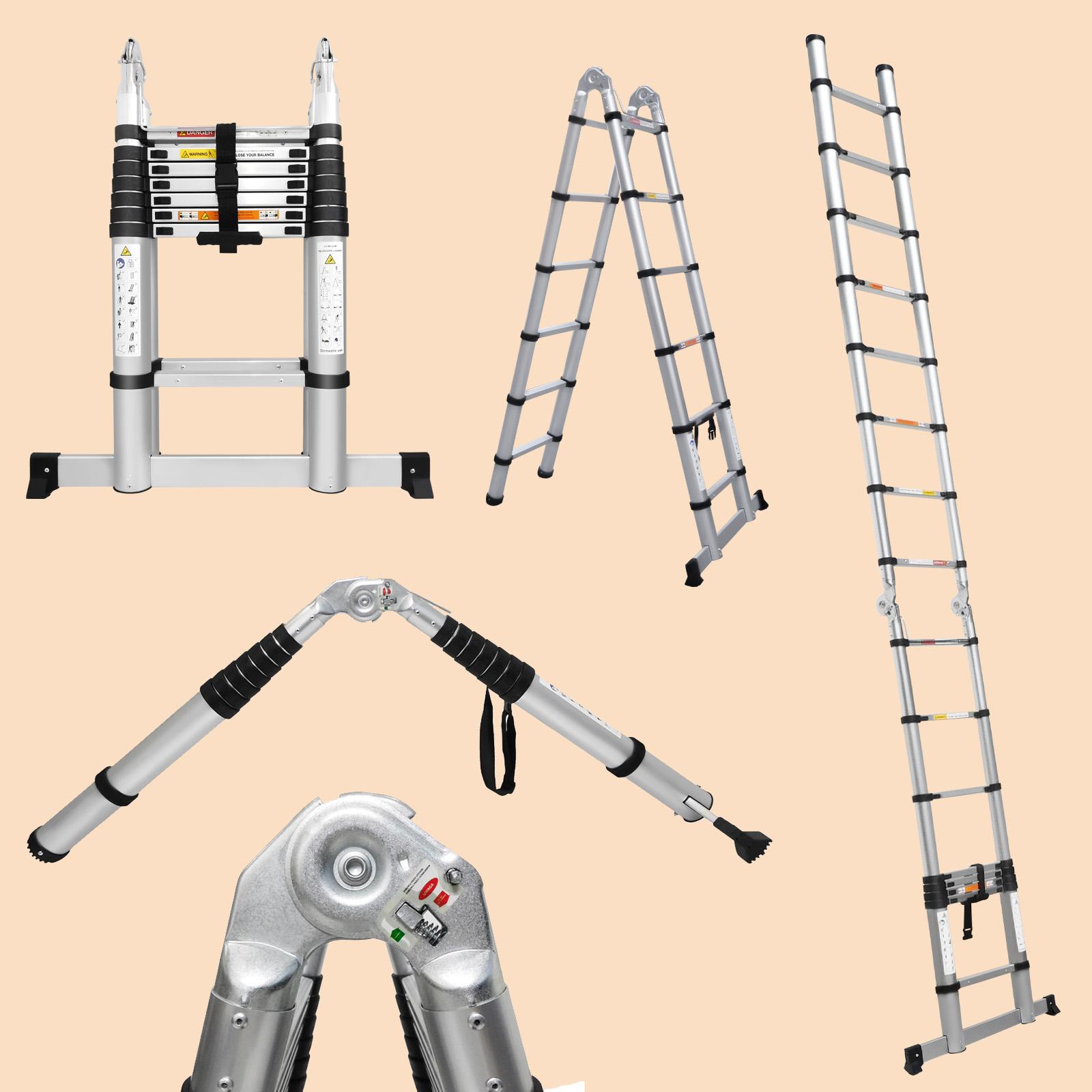 Telescoping Ladder Aluminum A-frame Extension Ladder, Folding Ladder with Stabilizer Bar and Anti-Slip Feet, 330lbs Max Load Capacity, for Home, Office ( 6.2+6.2FT / 8.2+8.2FT )