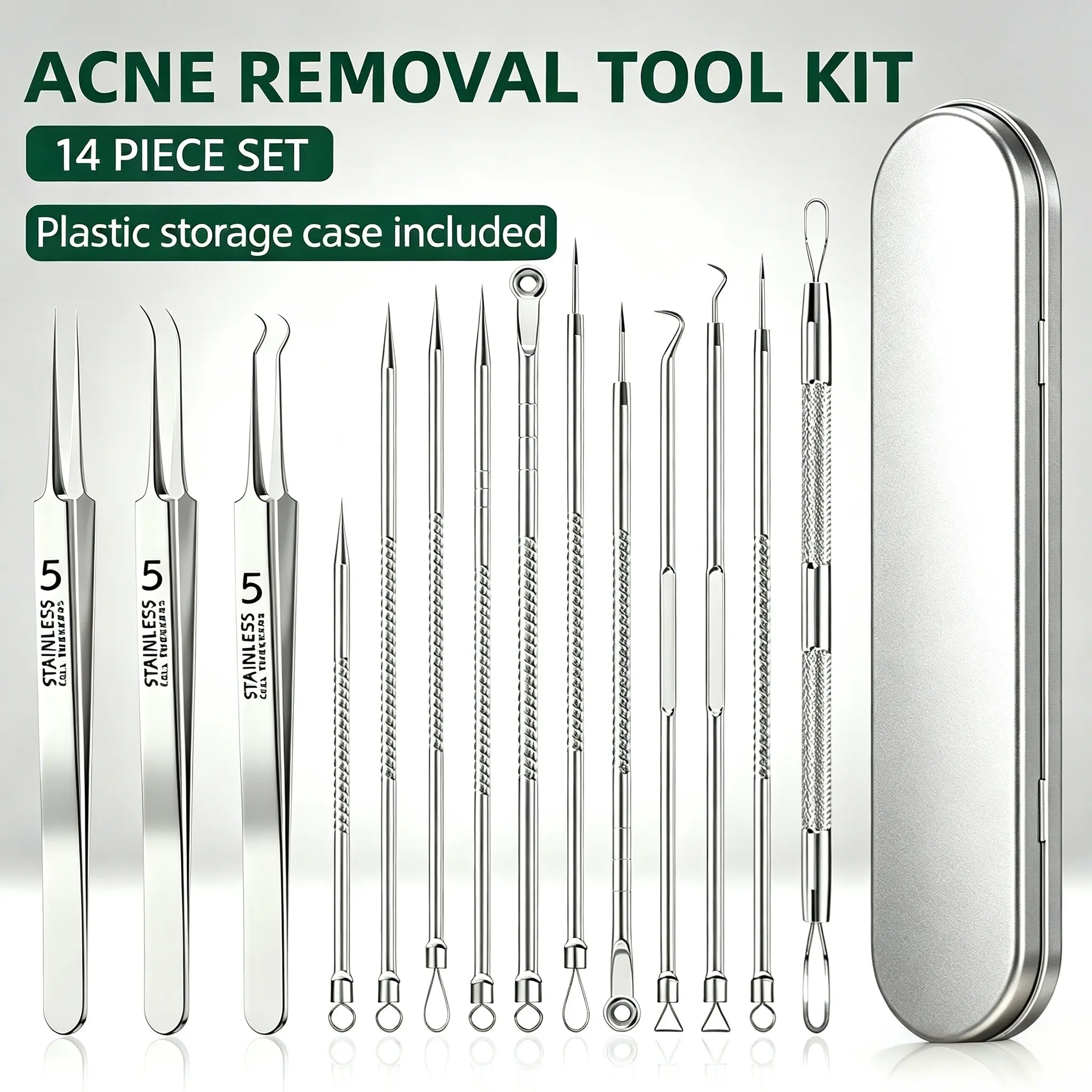 14 In 1 Acne Removal Tool Kit Stainless Steel Blackhead Pimple Comedone Extractor Tweezers Set Professional Facial Blackhead Remover Blemish Popping Tools with Portable Storage Case