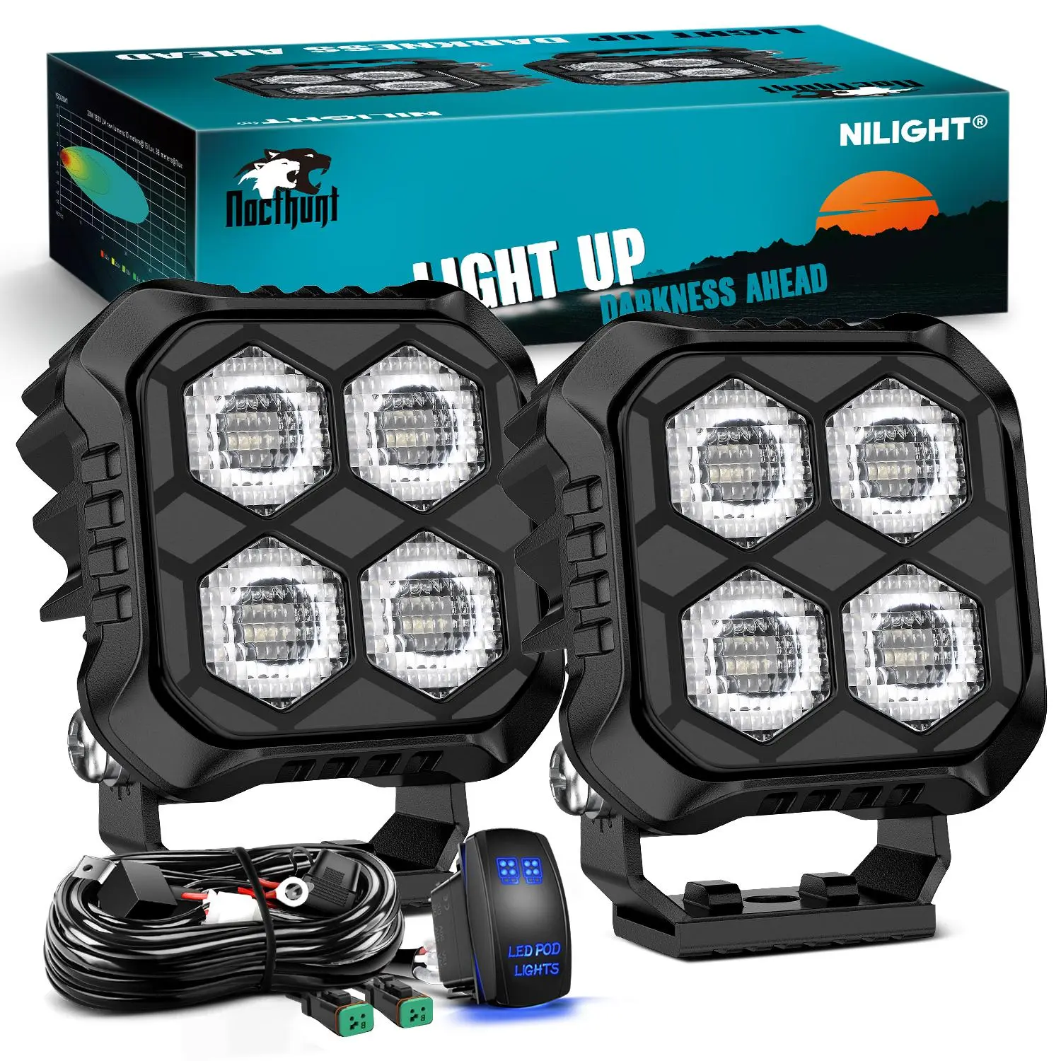 Nilight LED Pod  2 PCS 2.8 Inch 20 W Square Driving  4 LED Hyper Flood Beam Offroad  Work  w/18AWG Rocker Switch Wiring Harness Kit for Truck Motorbike Boat ATV UTV SUV road light  dealsforyoudays, Led Car Lights