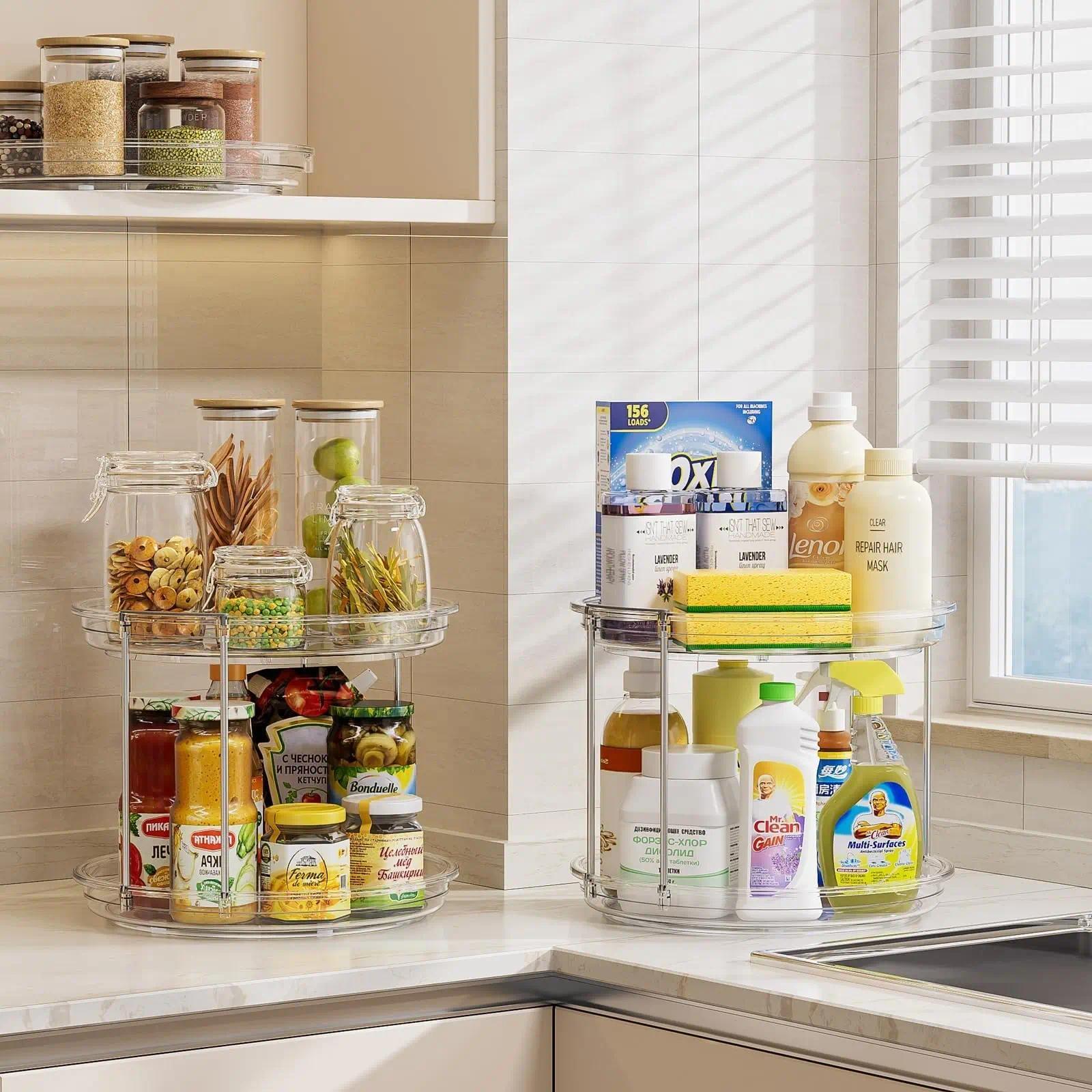 2-Tier Rotating Makeup Organizer, Lazy Susan Perfume Organizer Bathroom Organizer, Spinning Skincare Organizer, Cosmetic Display Case with Brush Holder Perfume Tray, Multi-Function Storage Carousel for Vanity Bathroom Countertop