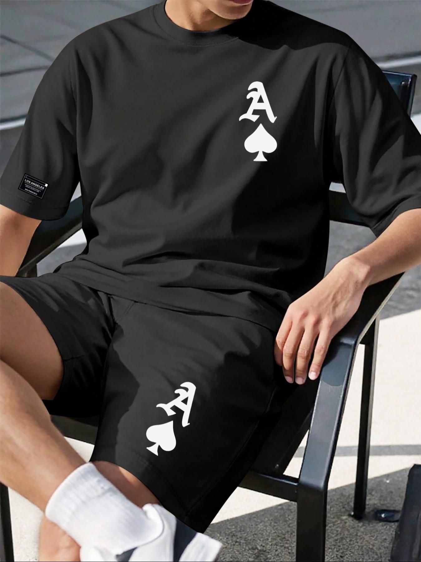 Two-Piece Set Men's Regular Fit Spade & Ace Print Short Sleeve Tee & Shorts, Casual Round Neck T-shirt & Track Shorts, Men's Summer Clothes