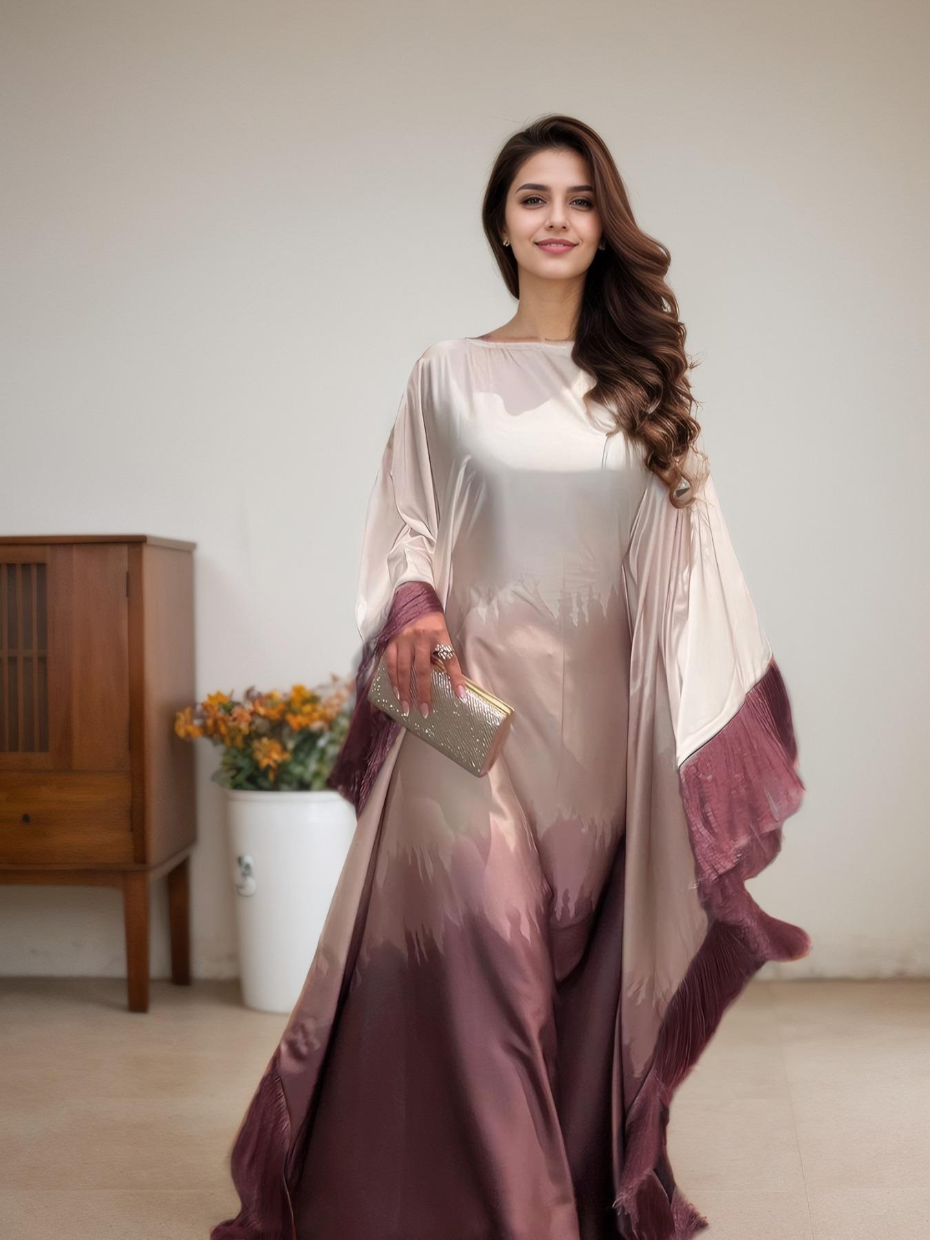 Women's Ombre Print Batwing Sleeve Dress, Chic Elegant Long Sleeve Dress for Party Wedding Guest, Ladies Islamic Clothing for All Seasons