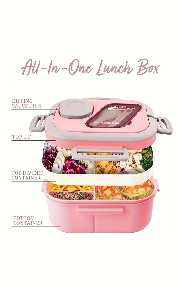 2-layer multi-compartment lunch box set: lunch box + cup + bag. Lunch set with cutlery and sauce box. Microwave safe, suitable for school, work, outdoor lunch box Bpa Free Plastic lunch box