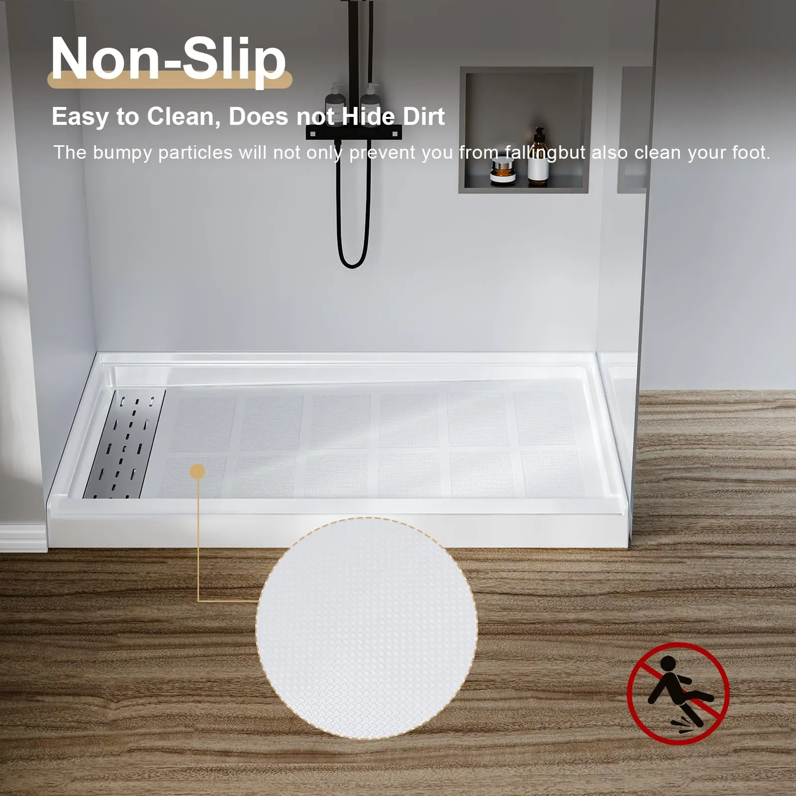 Garvee Non-Slip Rectangular Fiberglass Shower Pan (48x32x4 in) - Fiberglass Base with Left 304 Stainless Steel Drain, Single Threshold, 3 Waterproof Sides, White, for Bathroom Remodelers
