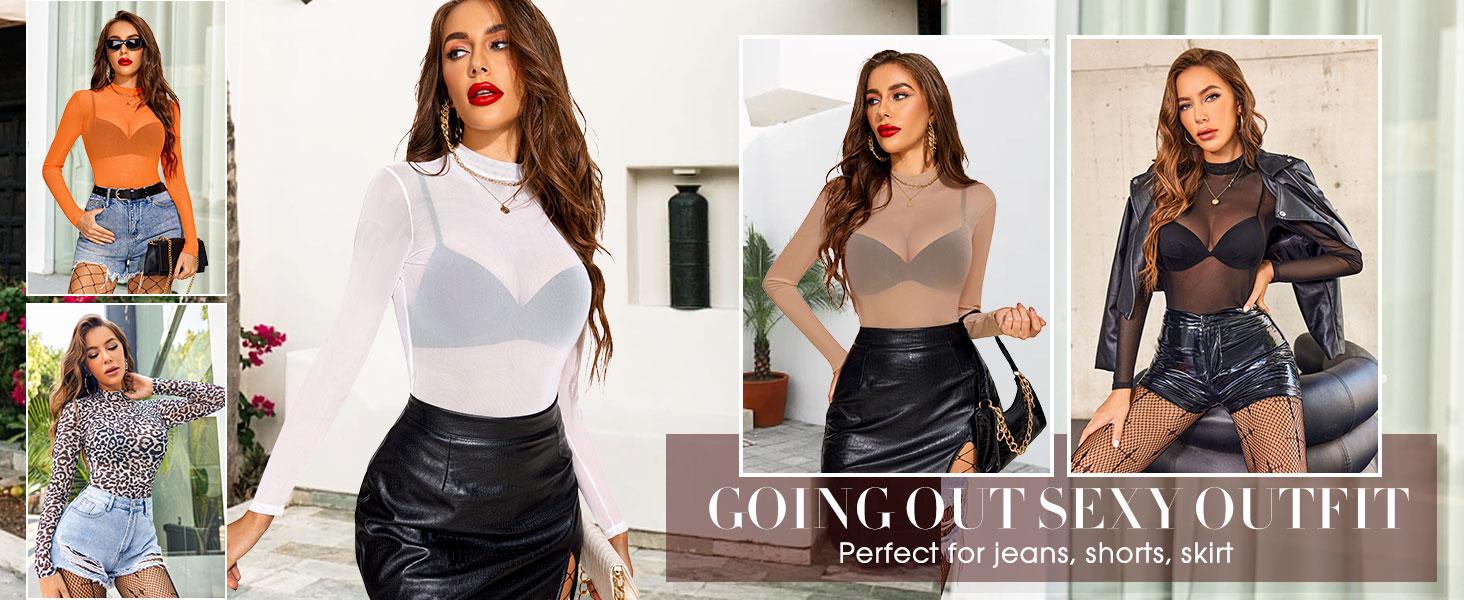 Avidlove Mesh Top for Women Long Sleeve Round Neck Slim-Fitting See-Through Shimmer Glitter Mesh Blouses S-XXL Summer Beach Shirts