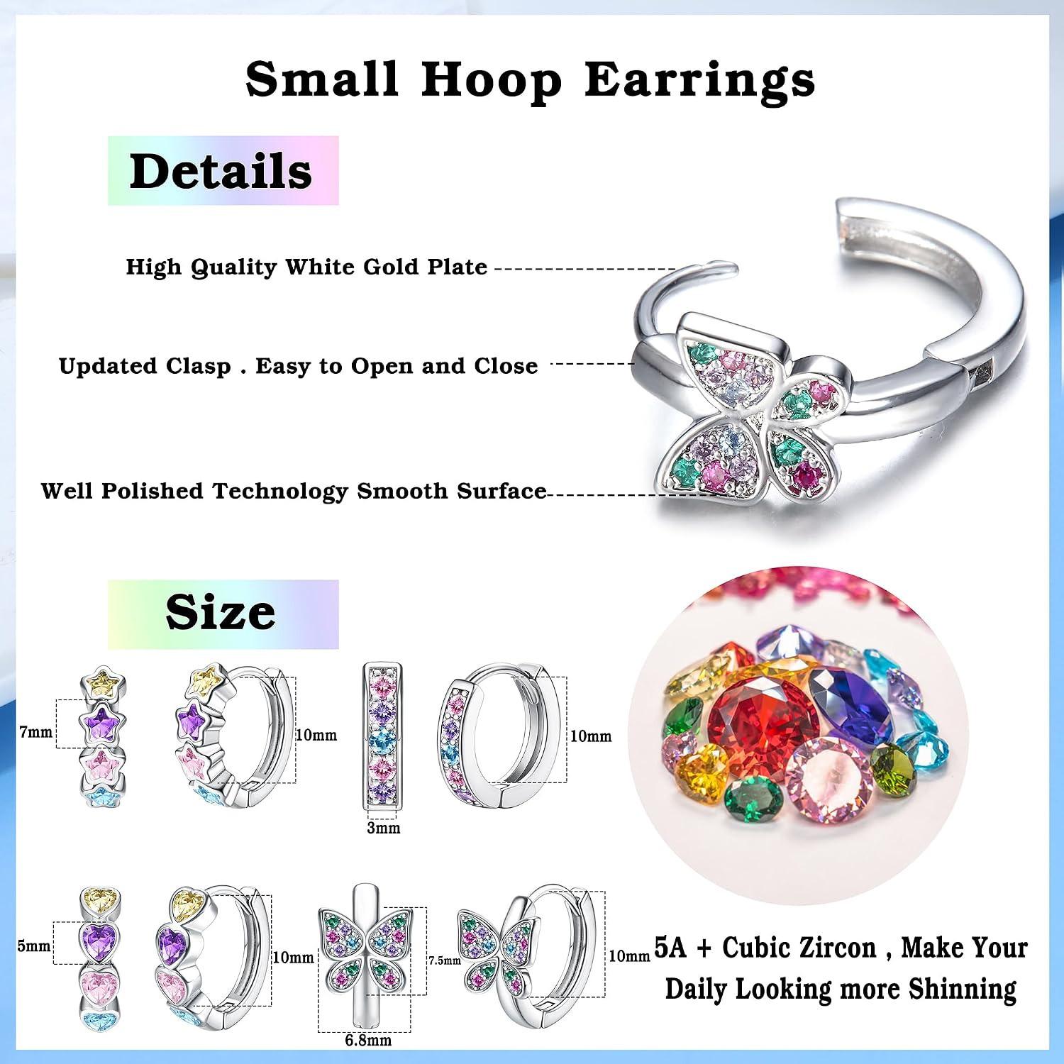 4 Pairs Small Silver Hoop Earrings for Women Girls, Hypoallergenic Heart Butterfly Zircon Cute Cartilage Earrings, Tiny Hoop Earrings Set for Kids Children in Pink/Blue/Purple