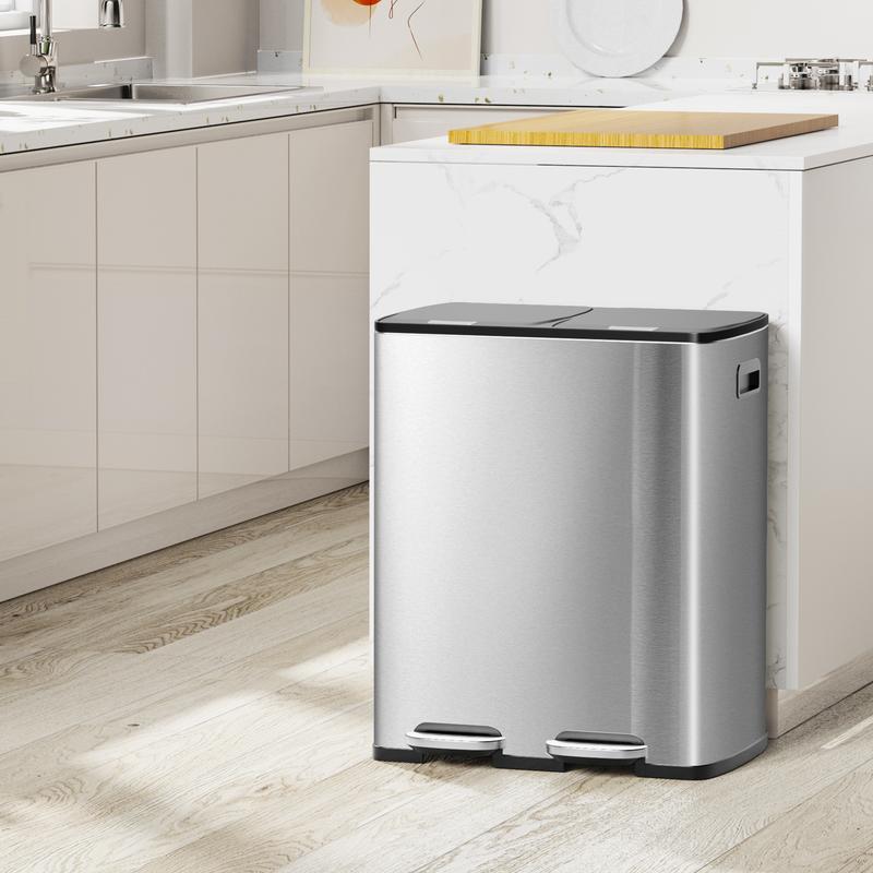 KSSKSS 2x8 Gallon Kitchen Dual Trash Can - 16 Gallon (60L) Stainless Steel Multi-Compartment Garbage Recycle Bins, Step Pedal, Plastic Inner Buckets, soft-close lid , Silver, Includes 40 Trash Bags, for business home office