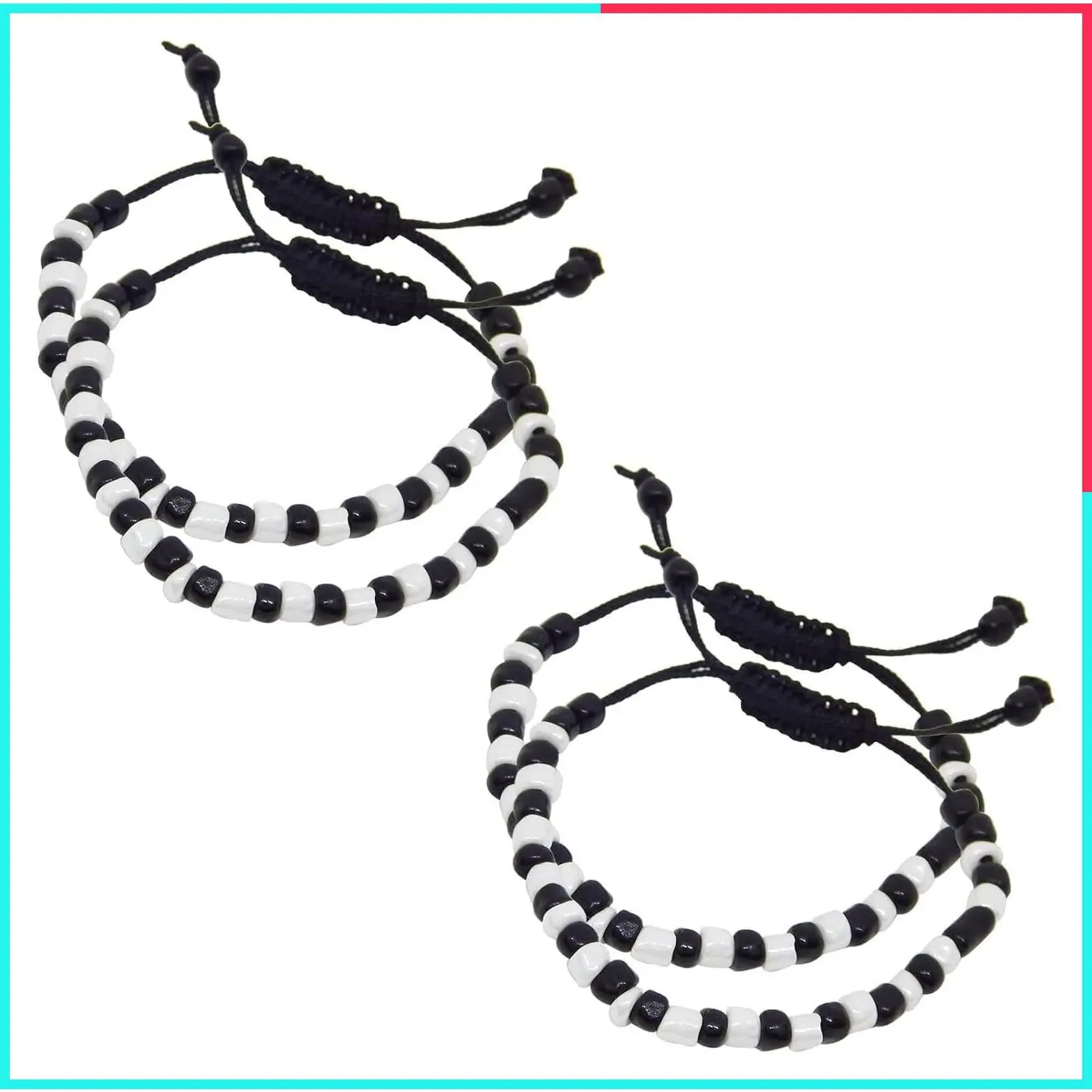 Set of 4 Adjustable Cotton Thread Bracelets with Black & White Beads