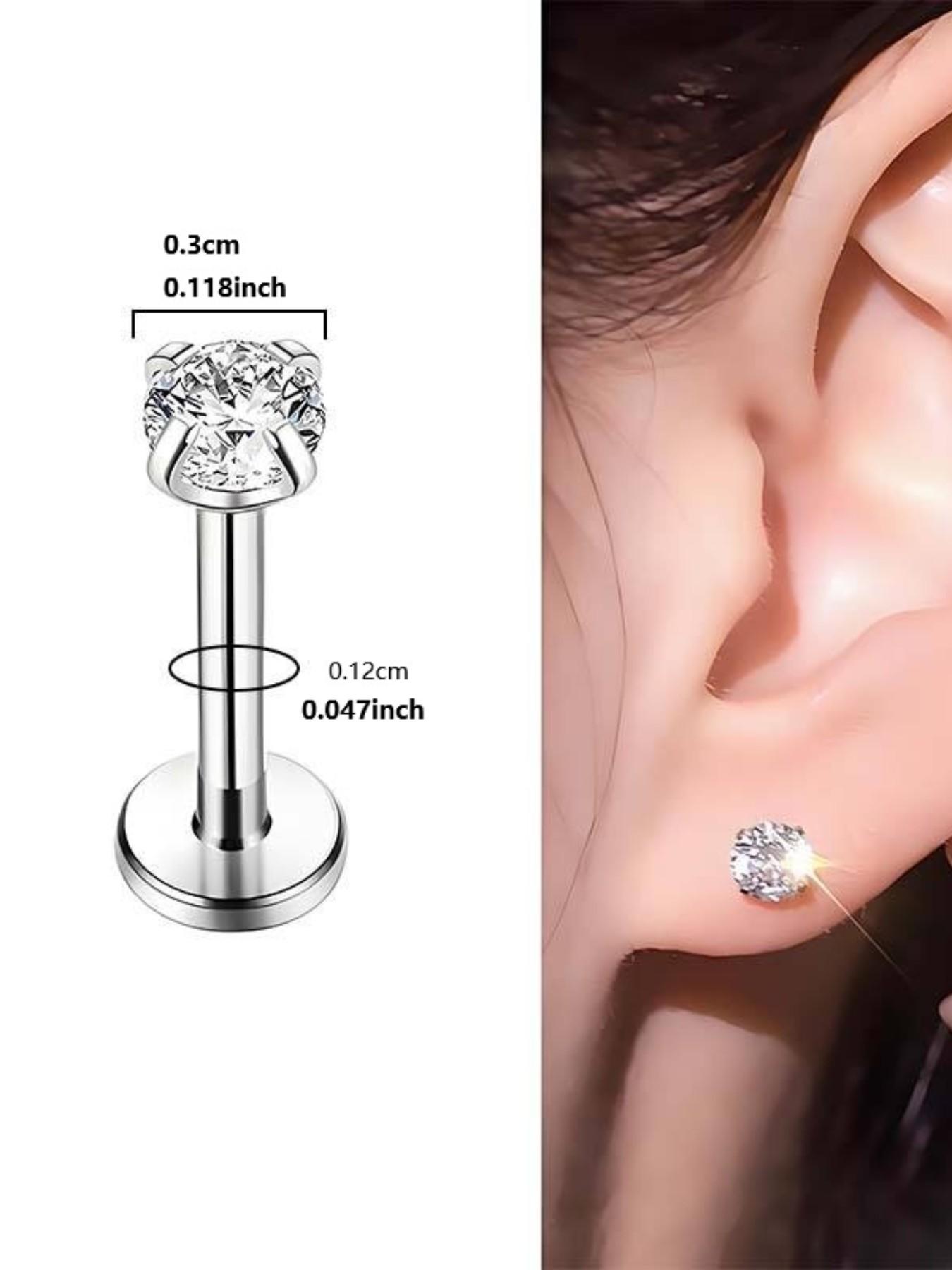 16g G23 Titanium Round Cz Top Internally Threaded Nickle Free Labret Piercing, Silver Color Earring, Flat Back Studs for Body Jewelry