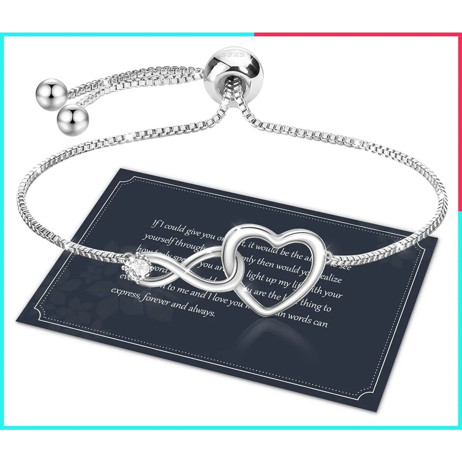 Infinity Heart Bracelet for Women with 5A Cubic Zirconia, 925 Sterling Silver Adjustable Jewelry Gift for Wife, Girlfriend, Her