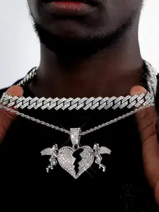 Fashion Hip Hop Broken Heart Cupids Pendant Necklace Set, Iced Out Bling Cuban Chain, Unisex Jewelry for Daily Wear, Love Heart Necklace, Heart Shaped Necklace